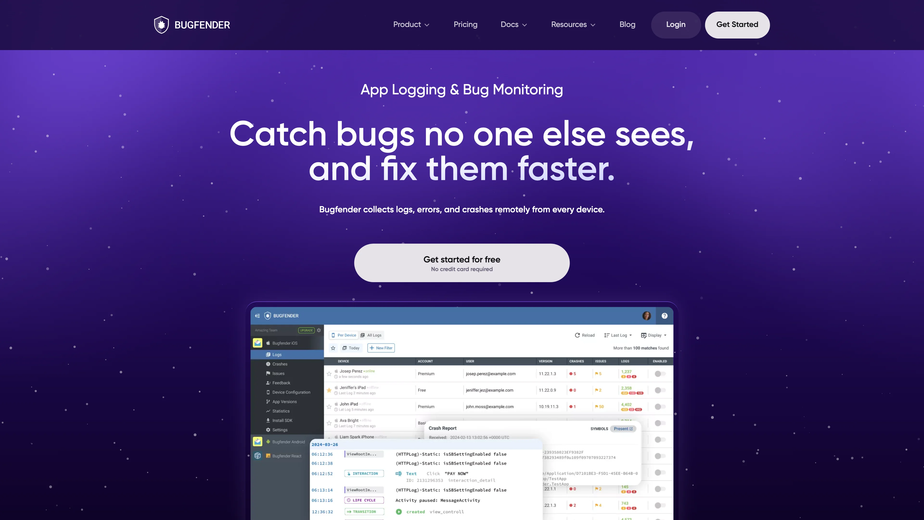 Screenshot of Bugfender